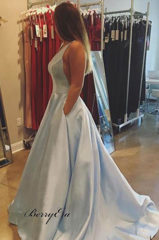 Light Blue A Line Satin Long Prom Dress Sleeveless Evening Prom Dresses