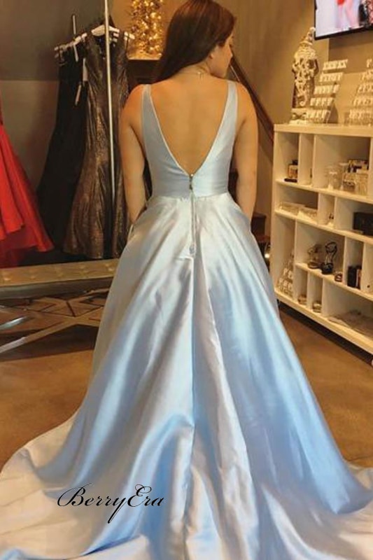 Light Blue A Line Satin Long Prom Dress Sleeveless Evening Prom Dresses