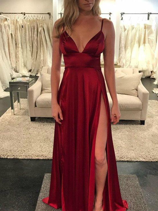 Spaghetti Long A-line Side Slit Soft Satin Prom Dresses