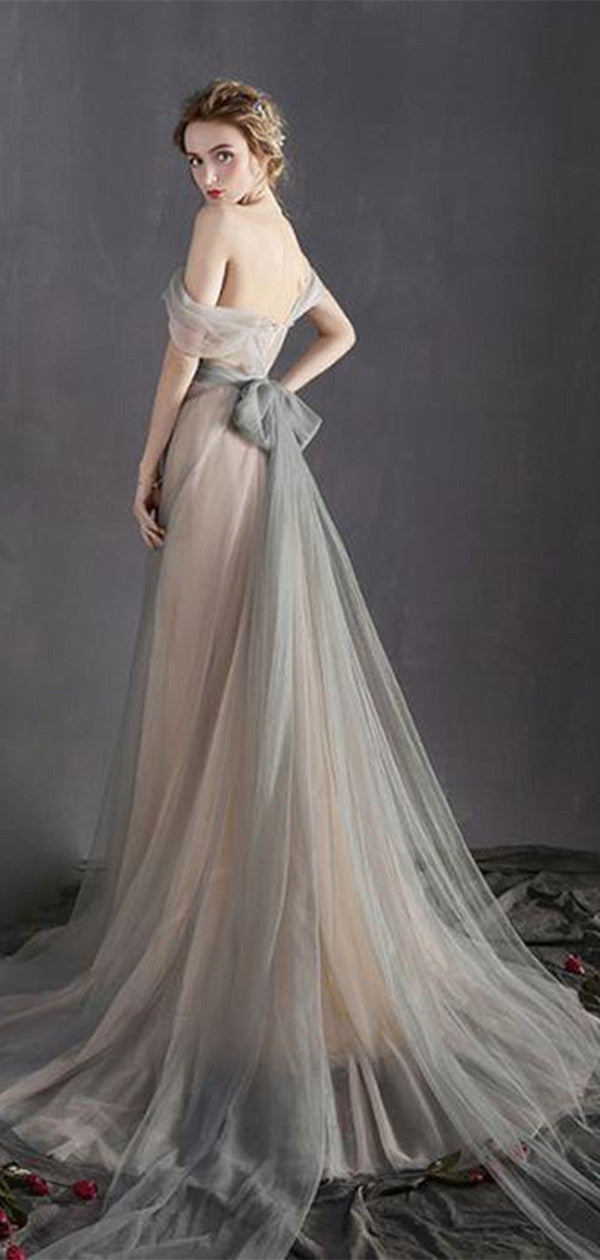 Off the Shoulder Long A Line Prom Dress, Tulle Long Dress