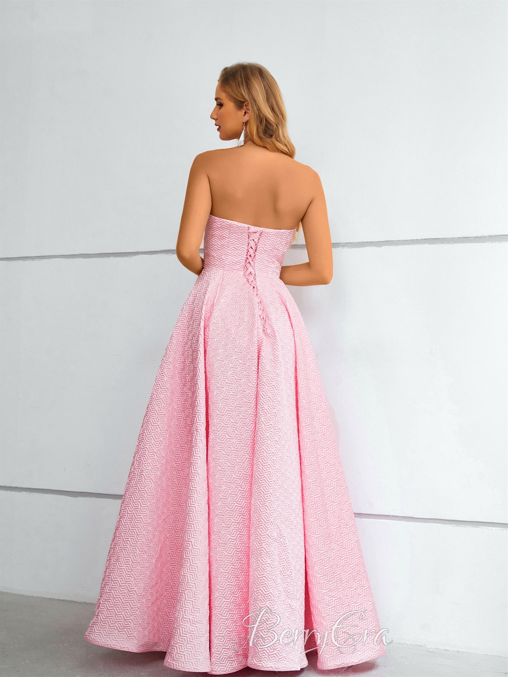 Pink Printed Satin A-line Prom Dresses, Simple Prom Dresses, Graduation Party Dresses, 2023 Prom Dresses