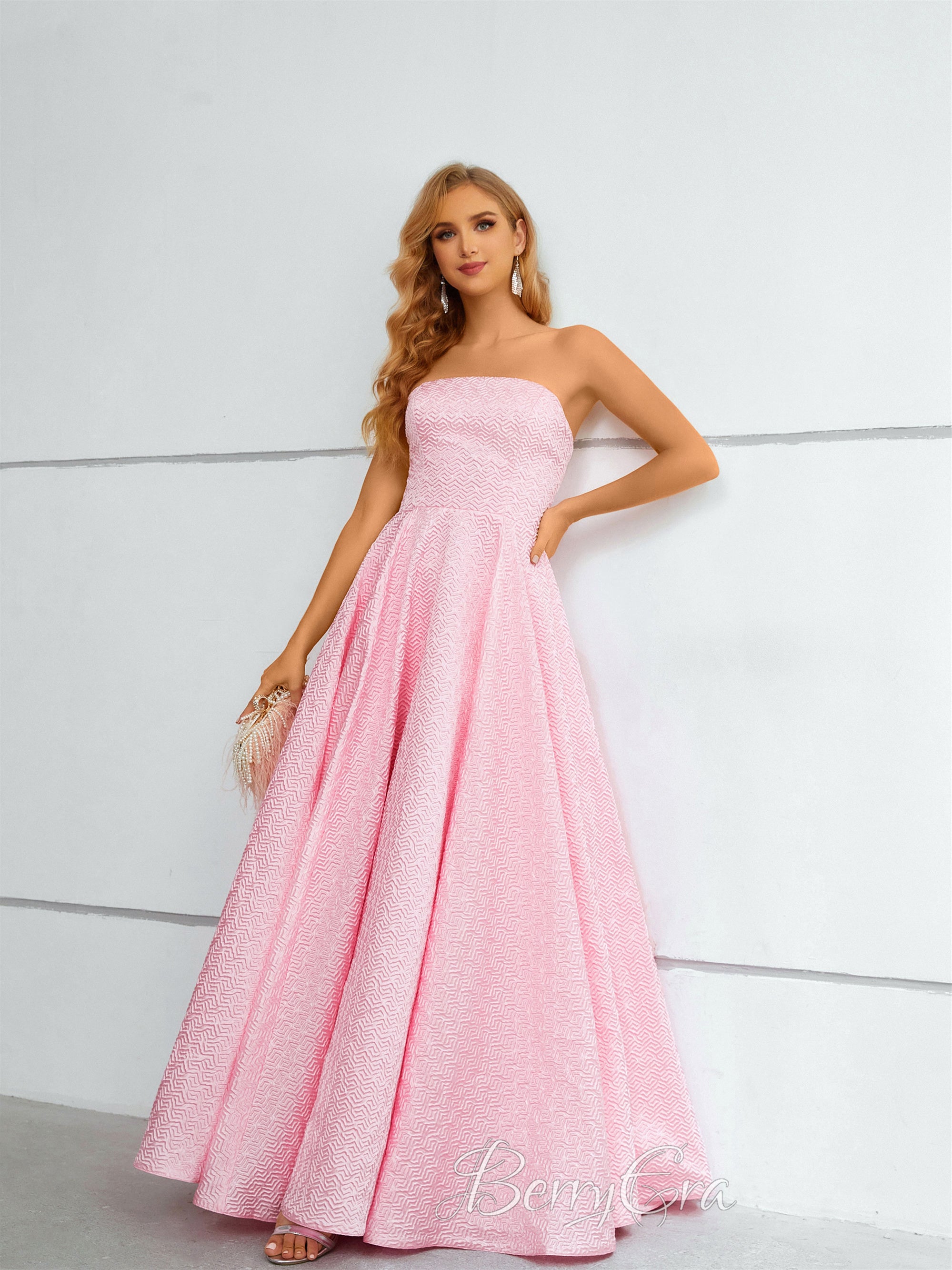 Pink Printed Satin A-line Prom Dresses, Simple Prom Dresses, Graduation Party Dresses, 2023 Prom Dresses