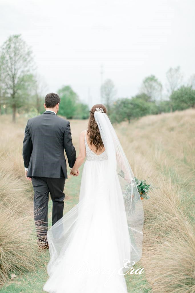 Spaghetti Long A-line Side SLit Lace Tulle Wedding Dresses