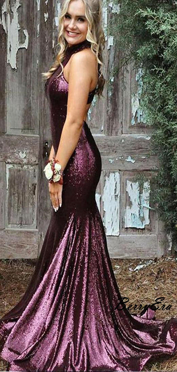 Mermaid Purple High Neck Fancy Formal Long Prom Dresses, Party Dresses