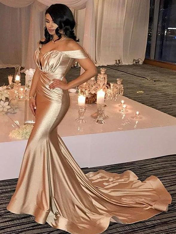 Off The Shoulder Mermaid Ruffles Long Prom Dresses, Formal Evening Prom Dresses