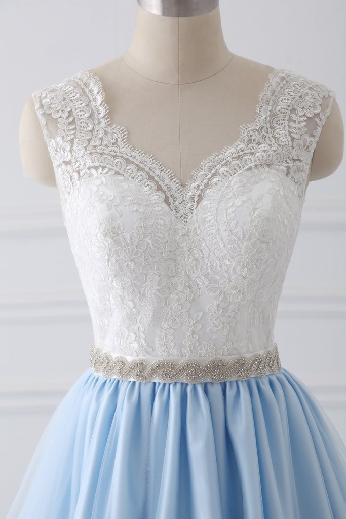 V-neck Lace Top Light Blue Long A-line Prom Dresses