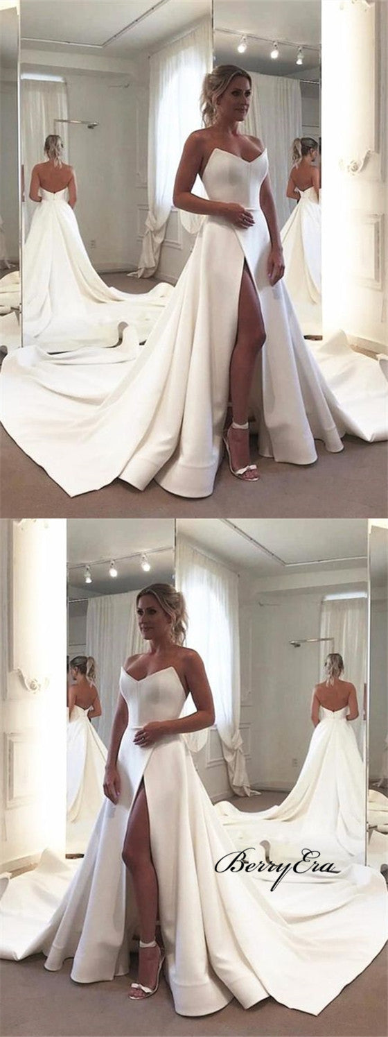 Strapless Long A-line Ivory Satin Slit Wedding Dresses, Bridal Gown