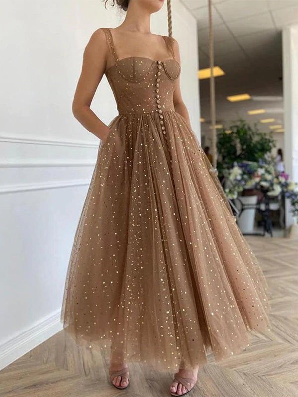 Straps Long A-line Prom Dresses, Sequin Tulle Prom Dresses, Lovely Prom Dresses, 2021 Prom Dresses, Cheap Prom Dresses