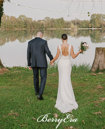 V-neck Long Mermaid Lace Wedding Dresses With Rhinestone Belt