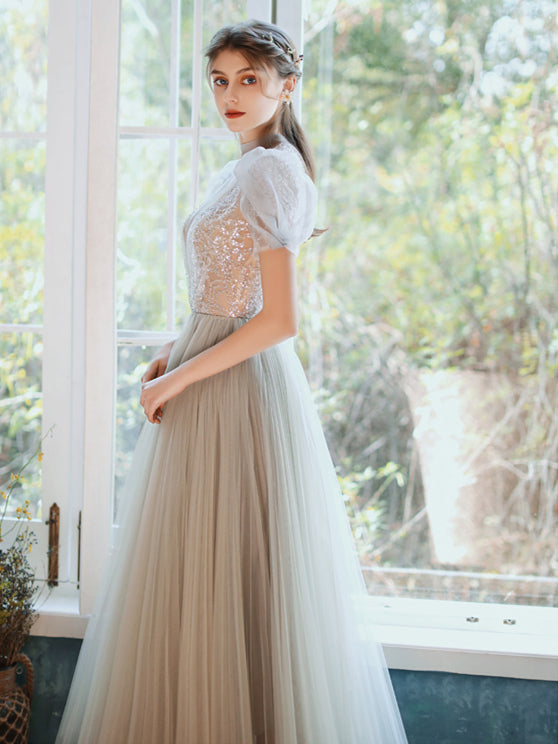 Bubble Sleeved Tulle Long Prom Dresses, Sequin Beaded Prom Dresses, 2021 Prom Dresses, Newest Prom Dresses