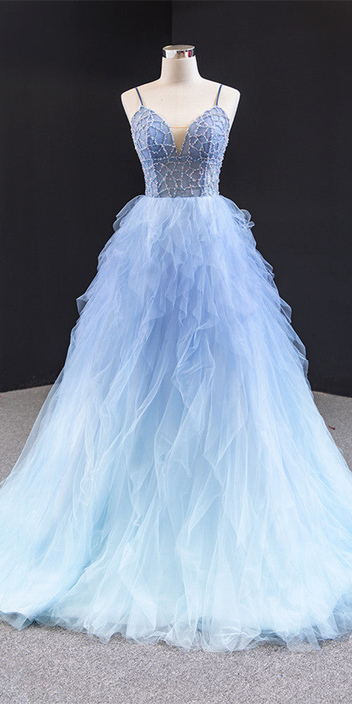 Spaghetti Long A-line Prom Dresses, Pale Blue Beaded Tulle Prom Dresses, 2021 Prom Dresses, Cheap Prom Dresses