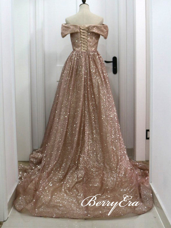 Off Shoulder Long A-line Rose Gold Sequin Prom Dresses, Shiny Prom Dresses