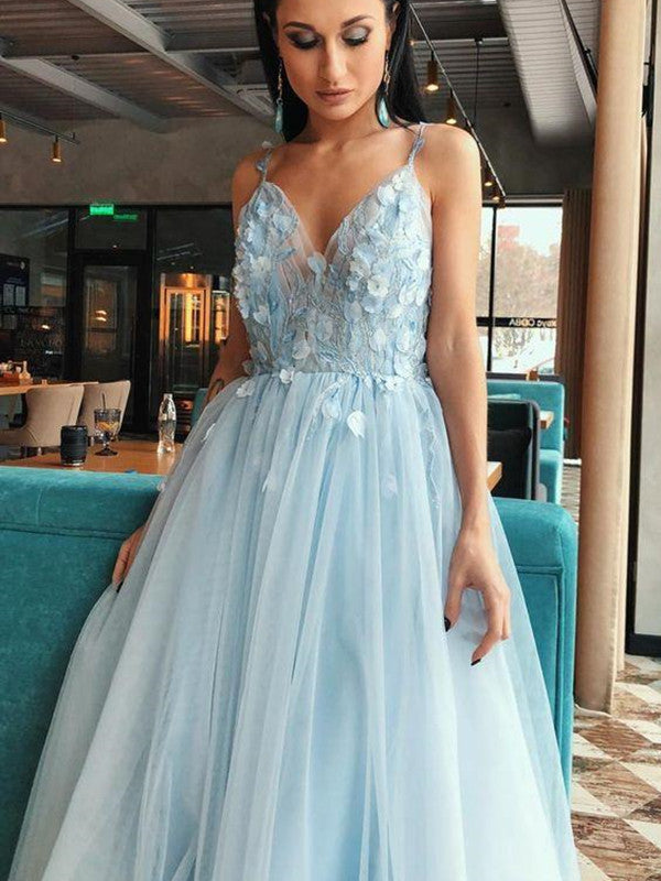 Sky Blue Color Simple A-line Prom Dresses, Appliques Elegant 2021 Long Prom Dresses