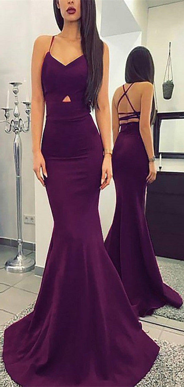 Spaghetti Straps Cutout Long Purple Mermaid Prom Dress 2019