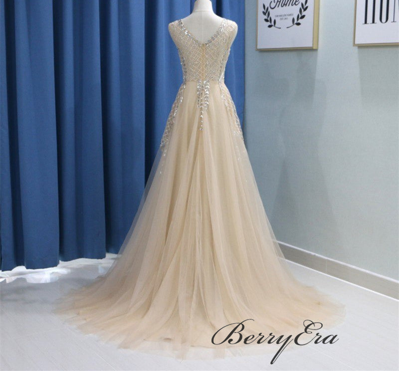 V-neck Beaded Long A-line Tulle Prom Dresses, Popular Prom Dresses, Prom Dresses