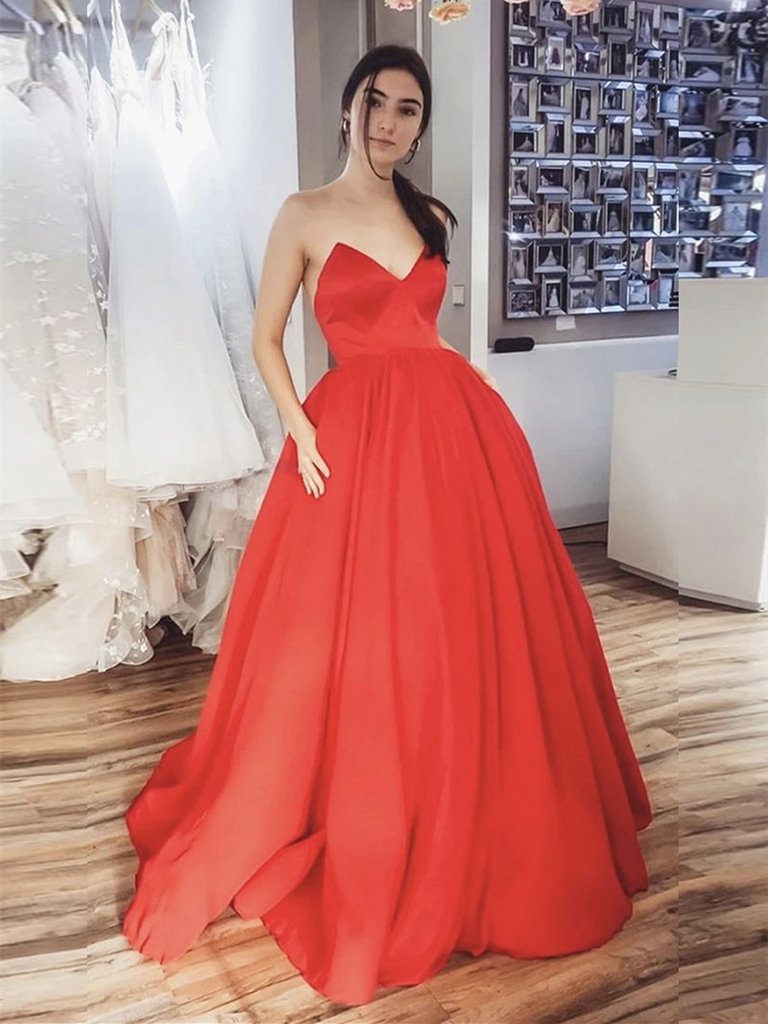 V-neck A-line Red Satin Prom Dresses, Cheap Prom Dresses, 2021 Prom Dresses, Newest Prom Dresses