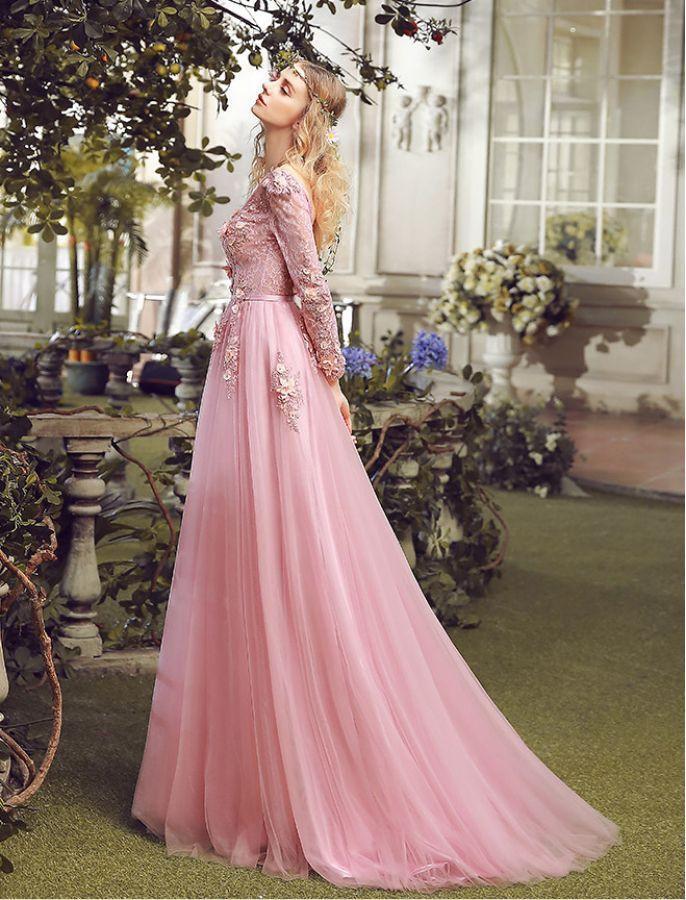 V-neck Long Sleeves A-line Tulle Appliques Prom Dresses