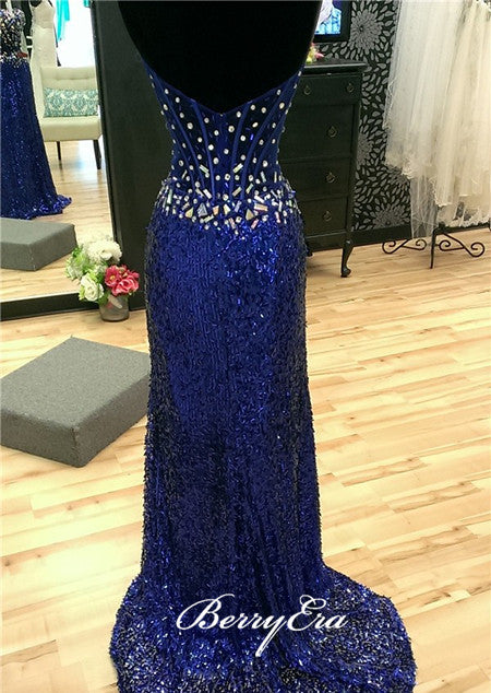 Sweetheart Long Mermaid Sequin Rhinestone Prom Dresses