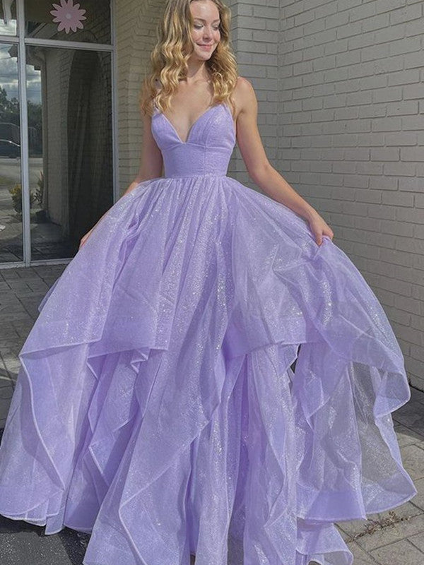 Shiny V Neck Fluffy Purple Long Prom Dresses, A Line 2021 Prom Dresses, Girl Party Dresses