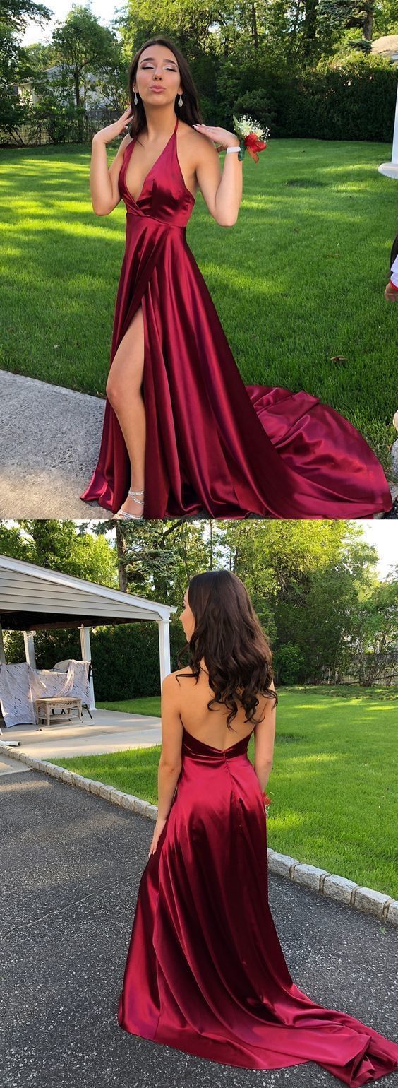 Halter V-neck Sexy Side Slit Soft Satin Prom Dresses