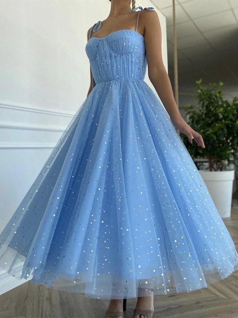 Spaghetti Long A-line Blue Sequin Tulle Prom Dresses, Shiny Prom Dresses, Newest Prom Dresses