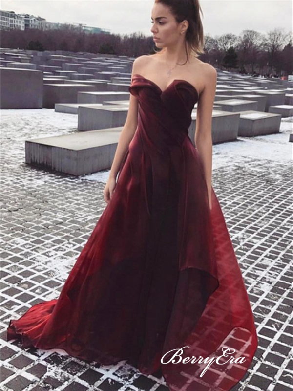 Organza Cheap Strapless Prom Dresses, Burgundy A-line Prom Dresses