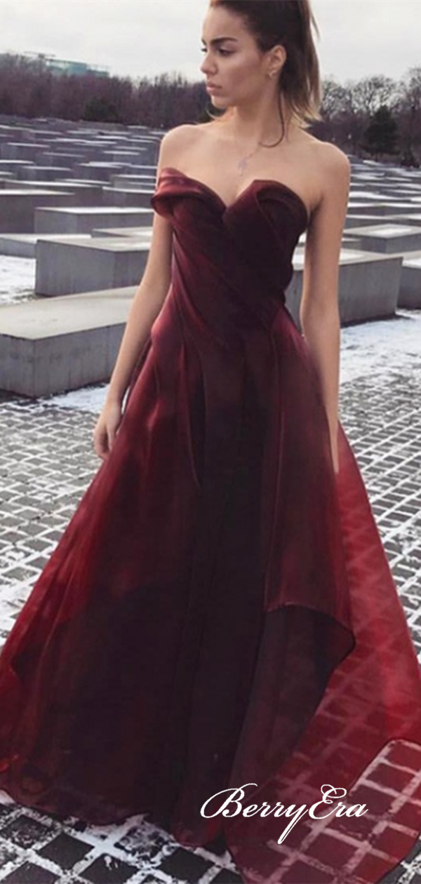 Organza Cheap Strapless Prom Dresses, Burgundy A-line Prom Dresses