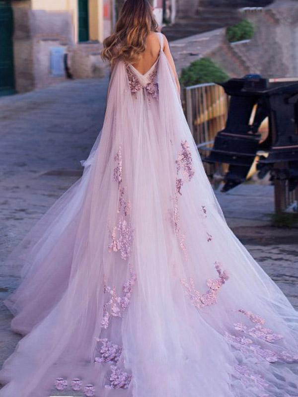 V-neck Long A-line Pale Pink Wedding Dresses, 2021 Wedding Dresses, Newest Bridal Gown