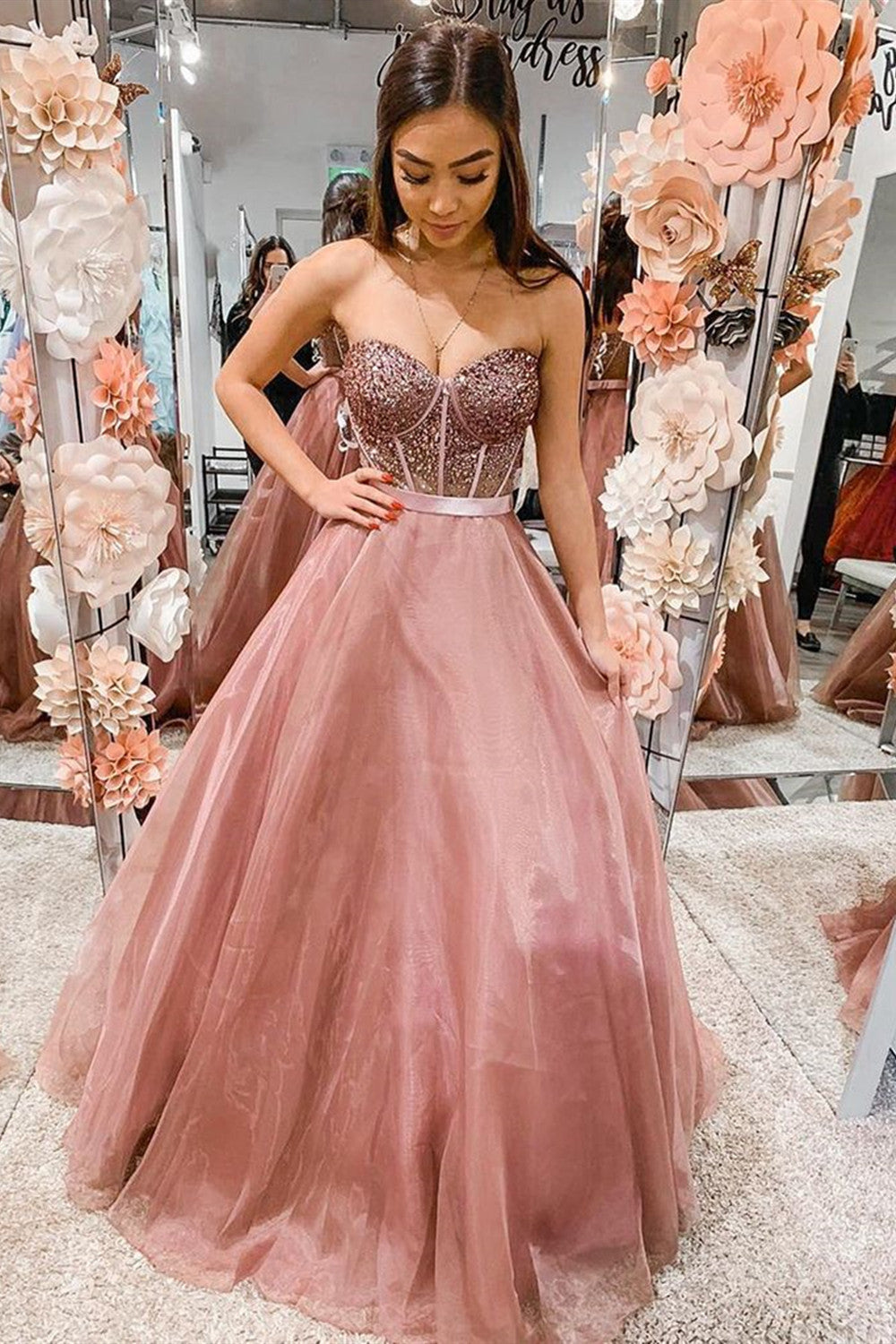 Sweetheart A Line Long Prom Dresses, Beaded 2021 Prom Dresses, Popular Evening Dresses