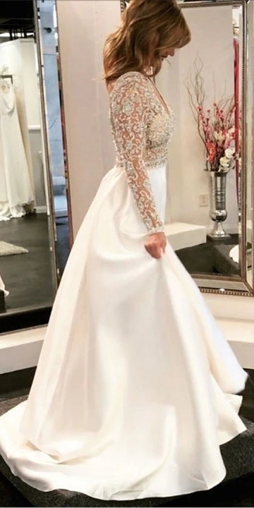 V-neck Beaded Long Sleeves Satin Wedding Dresses, Elegant Wedding Dresses, Long Bridal Gown