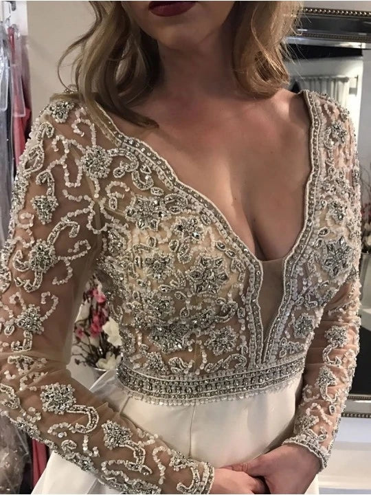 V-neck Beaded Long Sleeves Satin Wedding Dresses, Elegant Wedding Dresses, Long Bridal Gown