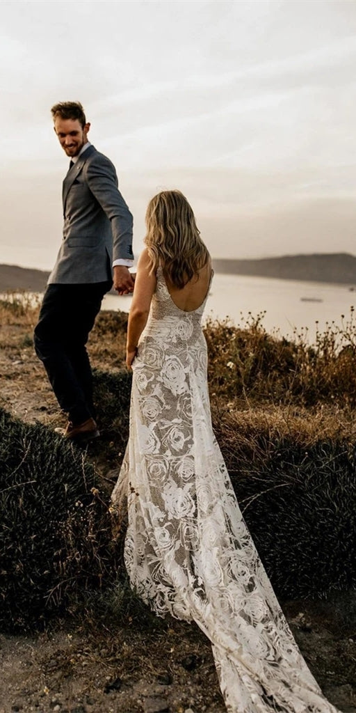 Spaghetti Long Mermaid Lace Wedding Gown, Unique Lace Wedding Gown, Long Bridal Gown