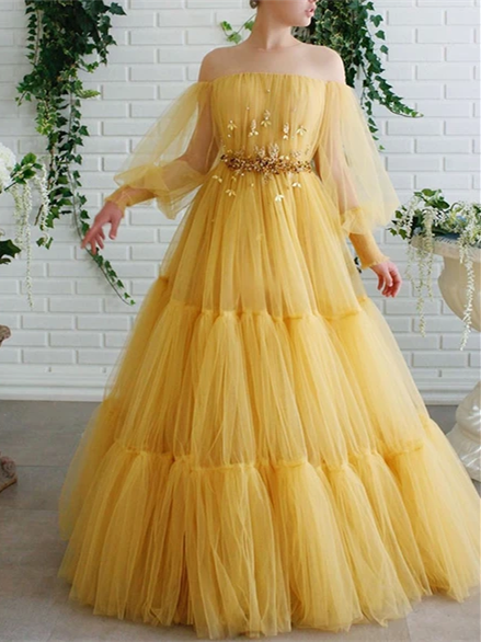 Off The Shoulder Yellow Tulle Appliques Prom Dresses, Layers Long Prom Dresses, 2021 Prom Dresses