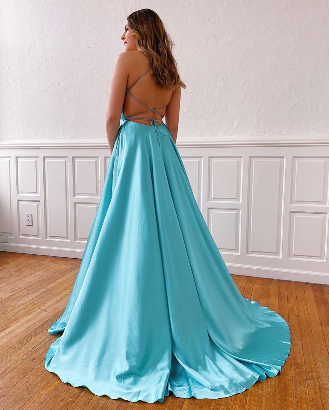 Spaghetti Long A-line Blue Satin Prom Dresses, Side Slit Long Prom Dresses, A-line Prom Dresses