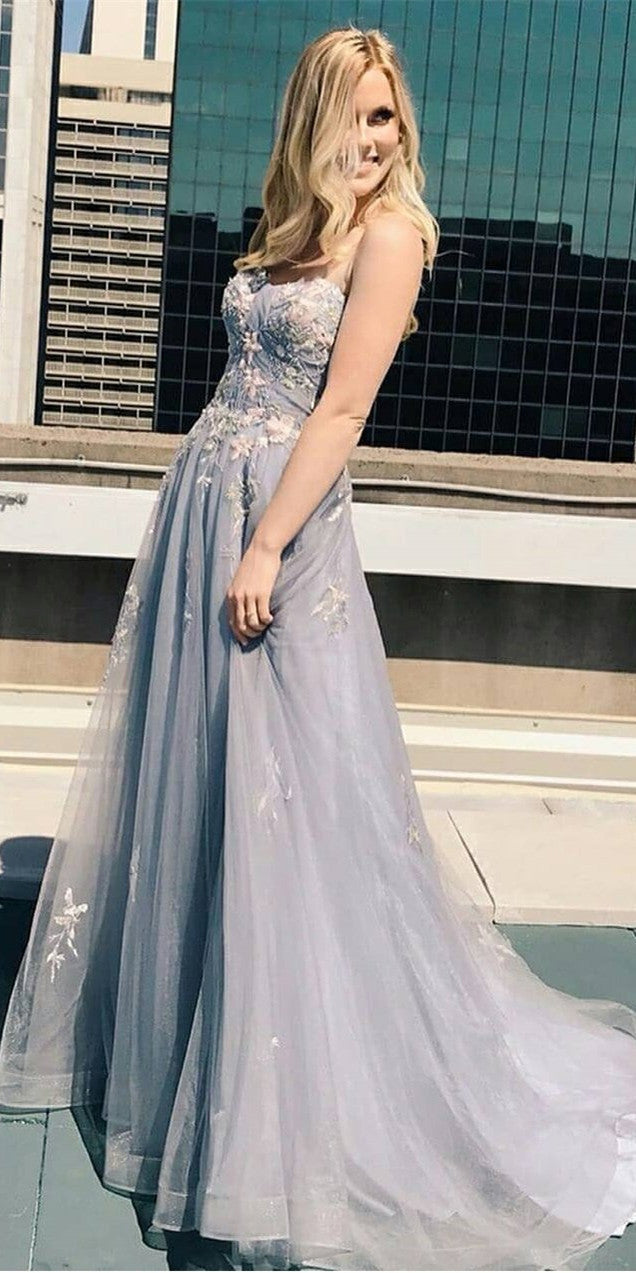 Light Grey Tulle Lace Appliques Prom Dresses, 2021 Prom Dresses, New Arrival Prom Dresses