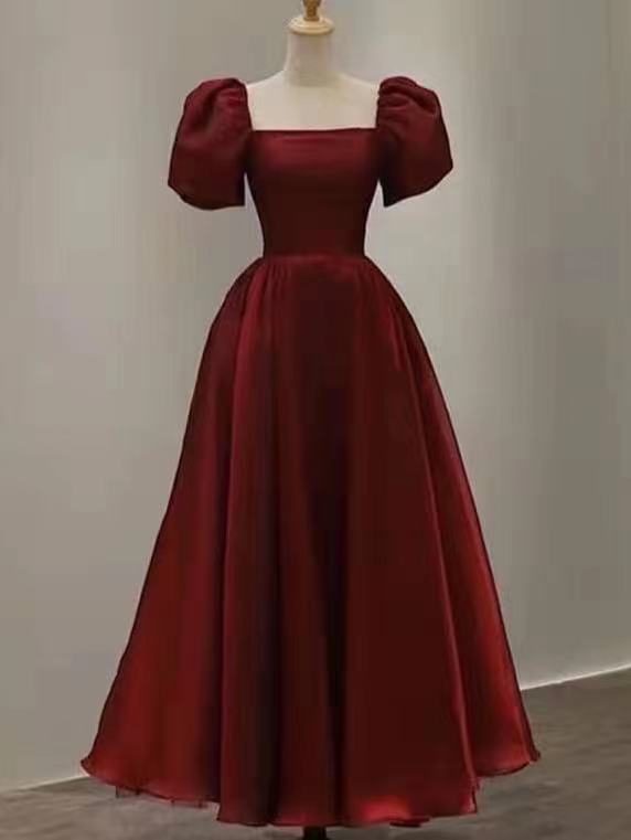 Burgundy Bubble Sleeves Long Prom Dresses, A-line Evening Dresses, School Party Dresses, BG102