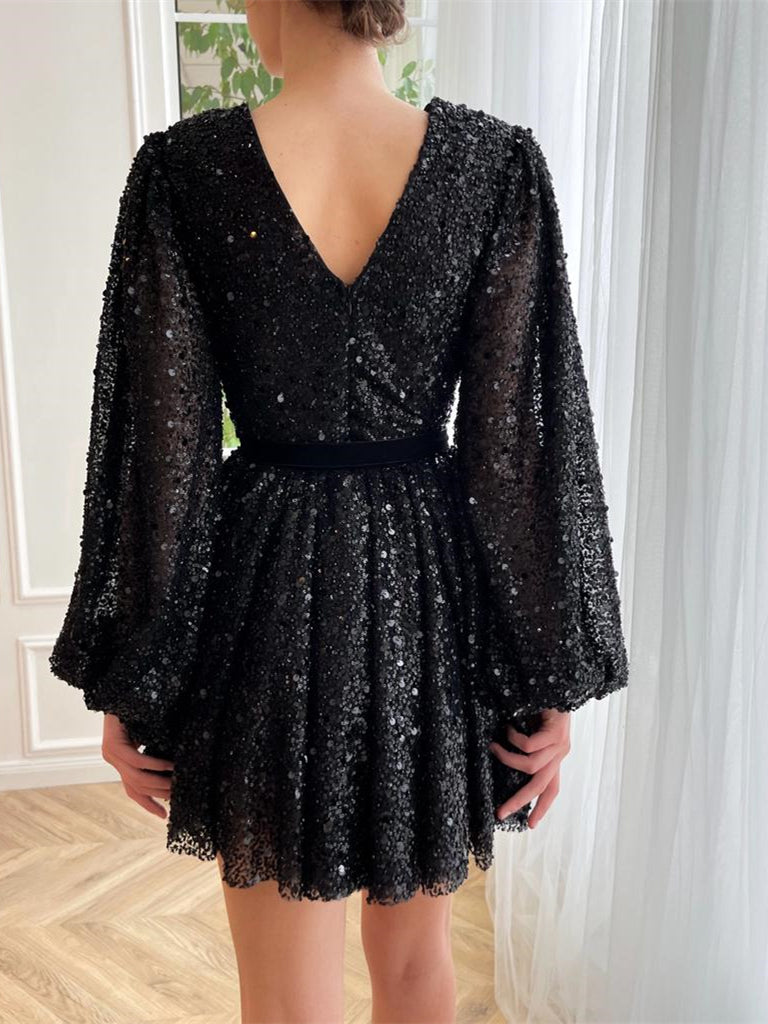 Plunge V-neck Black Beaded Mini Dresses, Chic Short Prom Dresses, Newest Prom Dresses