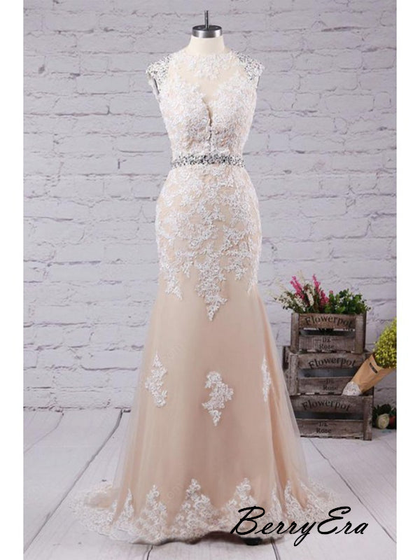 Newest Elegant Open Back Lace Long Prom Dresses, Fancy Prom Dresses 2019