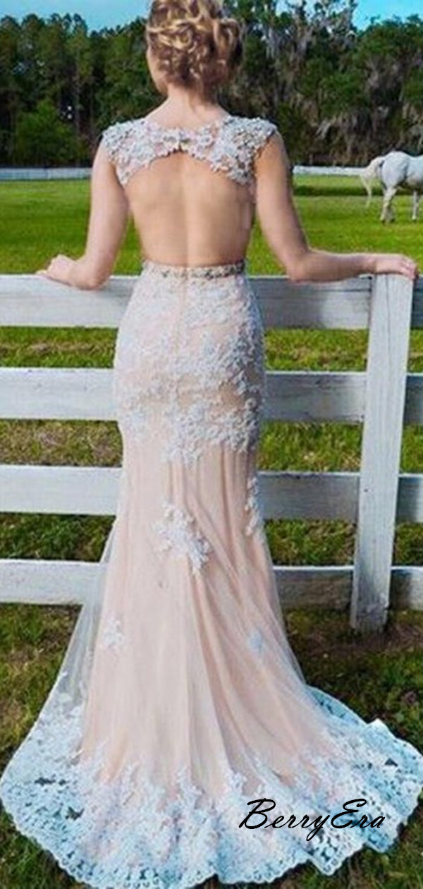 Newest Elegant Open Back Lace Long Prom Dresses, Fancy Prom Dresses 2019