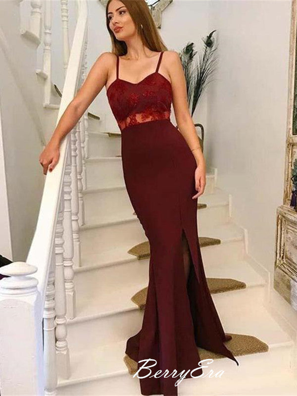 New Popular Simple Design Side Slit Burgundy Lace Long Prom Dresses, Prom Dresses