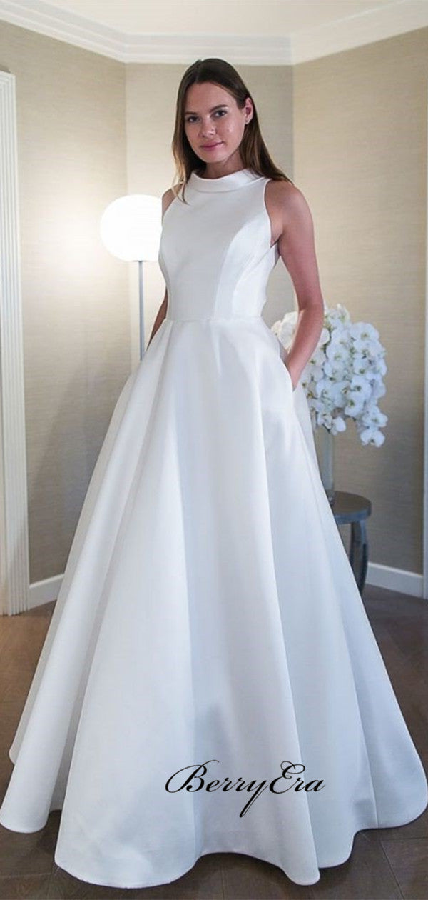 A-line Satin White Wedding Dress with Pockets, Sleeveless Simple Wedding Dresses