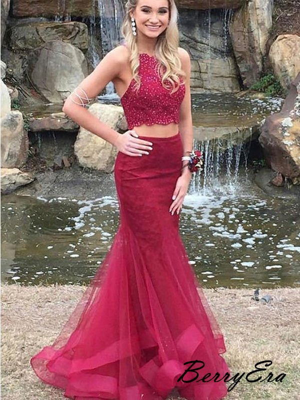 2 Pieces Beaded Fancy Long Prom Dresses, Tulle Evening Party Prom Dresses