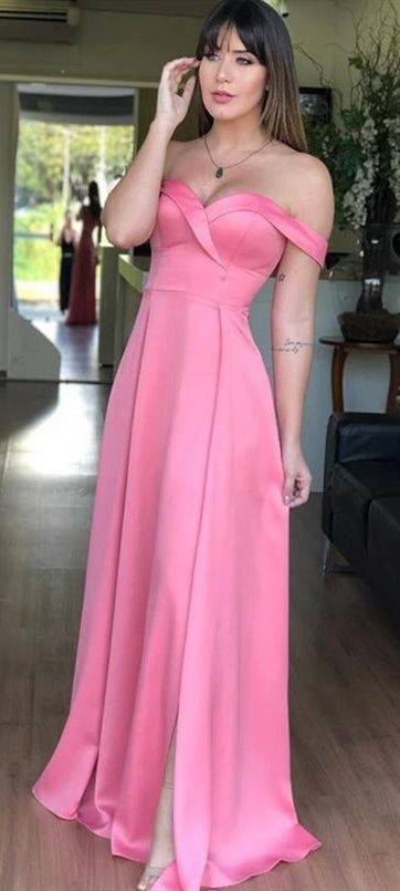 Off Shoulder Pink Satin Prom Dresses, Side Slit Prom Dresses, Long Prom Dresses