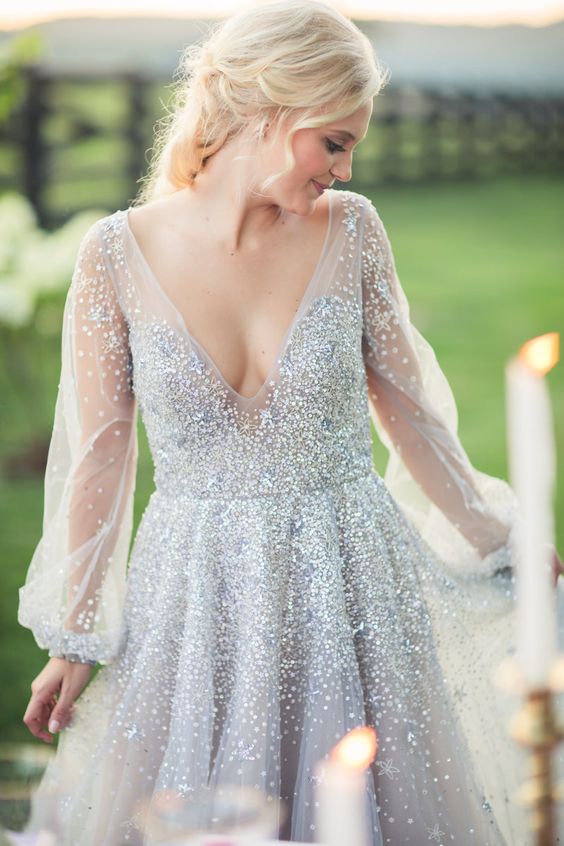 V-neck Light Grey Sequin Tulle Wedding Dresses, Long Sleeves Wedding Dresses, Open Back Bridal Gown