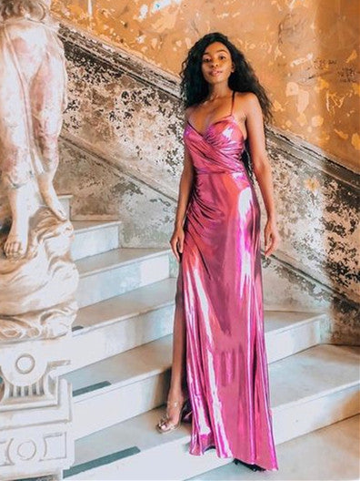 Spaghetti Shemmering Prom Dresses, Hot Pink Side Slit Prom Dresses, Fitted Prom Dresses, 2021 Prom Dresses