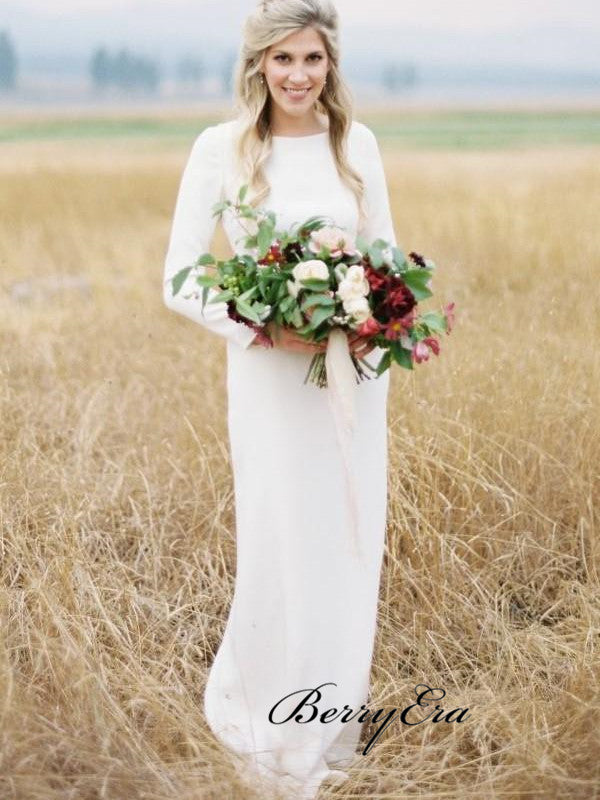 Long Sleeves Simple Outdoor Wedding Dresses, Bridal Gowns With Slit, Cheap Wedding Dresses