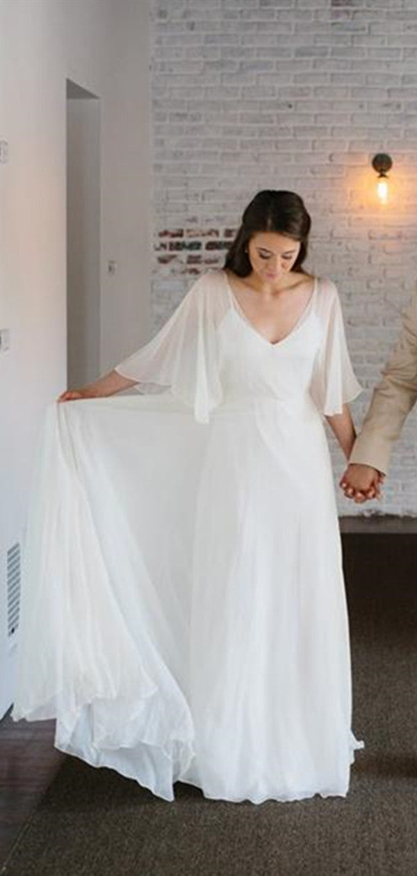 V-neck Half Sleeves Long Wedding Dresses, Backless Beach Wedding Dresses