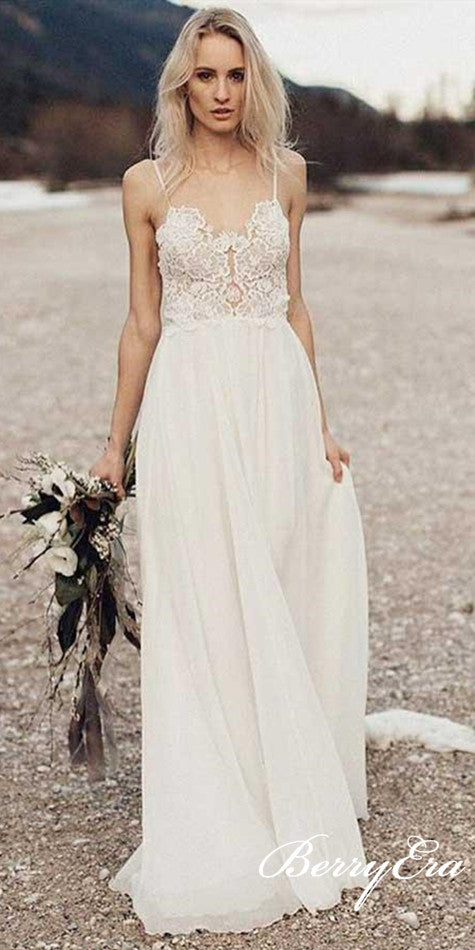 Spaghetti Long A-line Lace Chiffon Beach Wedding Dresses