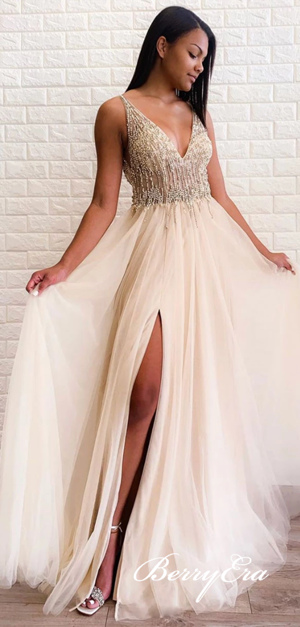 V-neck Beaded Long A-line Tulle Prom Dresses, Side Slit Prom Dresses, Long Prom Dresses