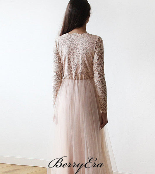 V-neck Long Sleeves Lace Top Tulle Long Wedding Dresses